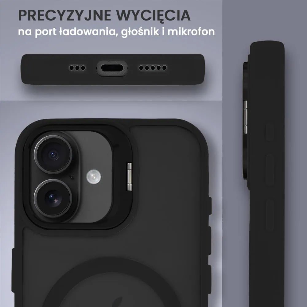 Etui do iPhone 16 Plus Arctic Stand, półprzeźroczyste, z osłoną aparatu i podstawką, czarne
