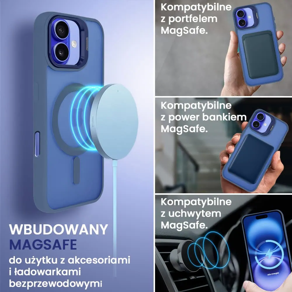 Etui do iPhone 16 Arctic Stand, półprzeźroczyste, z osłoną aparatu i podstawką, niebieskie