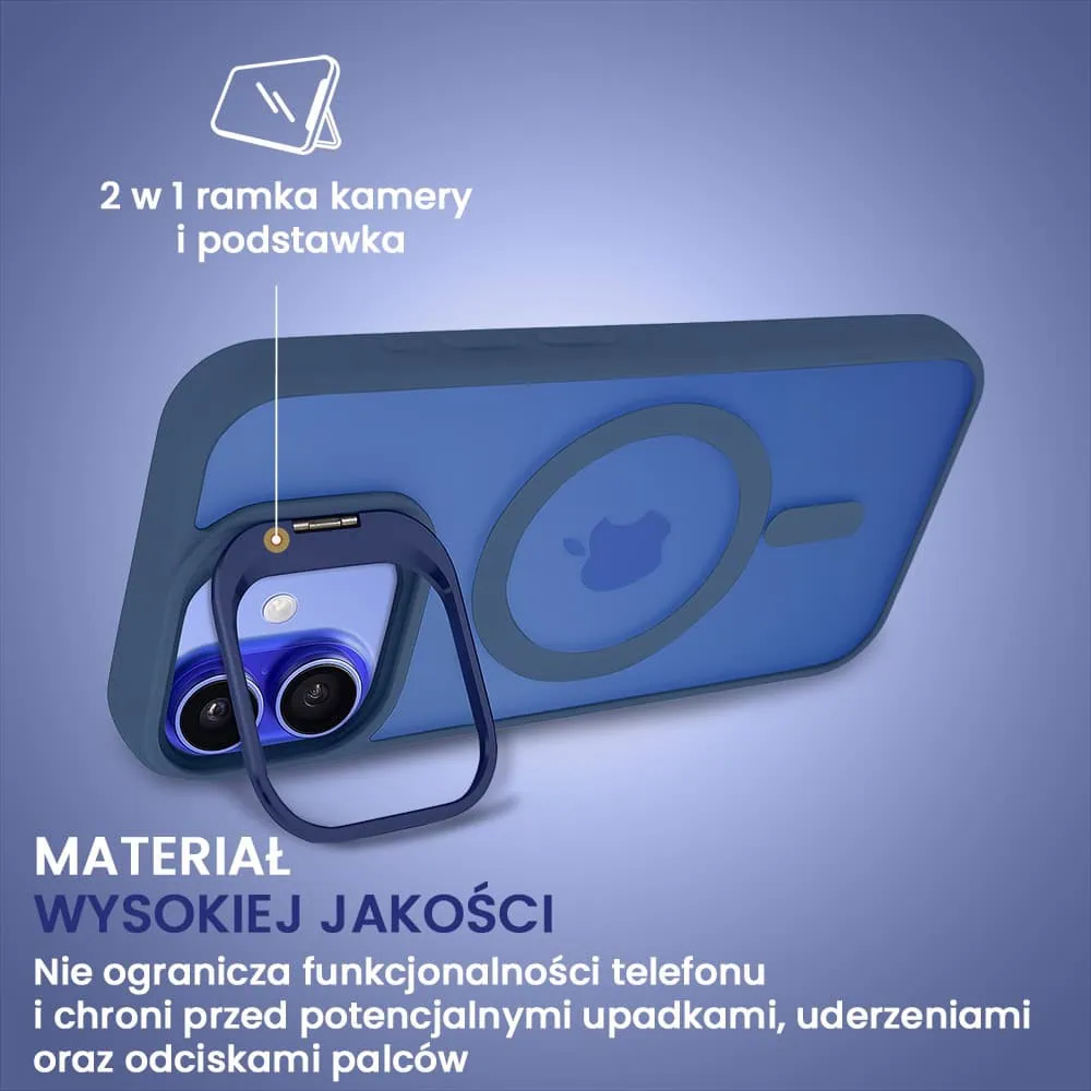 Etui do iPhone 16 Arctic Stand, półprzeźroczyste, z osłoną aparatu i podstawką, niebieskie