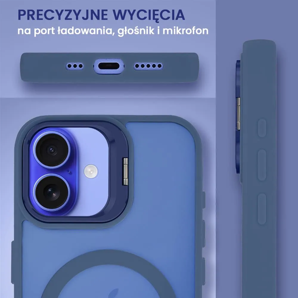 Etui do iPhone 16 Arctic Stand, półprzeźroczyste, z osłoną aparatu i podstawką, niebieskie