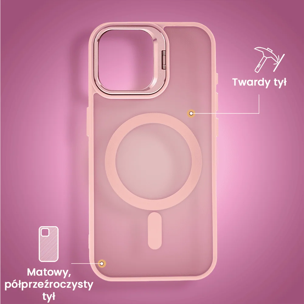 Etui do iPhone 16 Plus Arctic Stand, półprzeźroczyste, z osłoną aparatu i podstawką, różowe