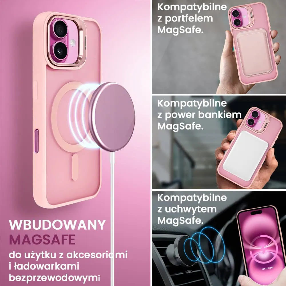 Etui do iPhone 16 Plus Arctic Stand, półprzeźroczyste, z osłoną aparatu i podstawką, różowe