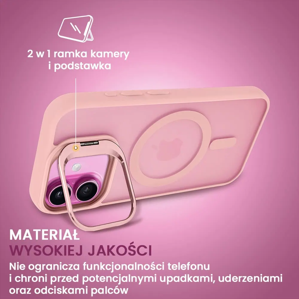 Etui do iPhone 16 Plus Arctic Stand, półprzeźroczyste, z osłoną aparatu i podstawką, różowe