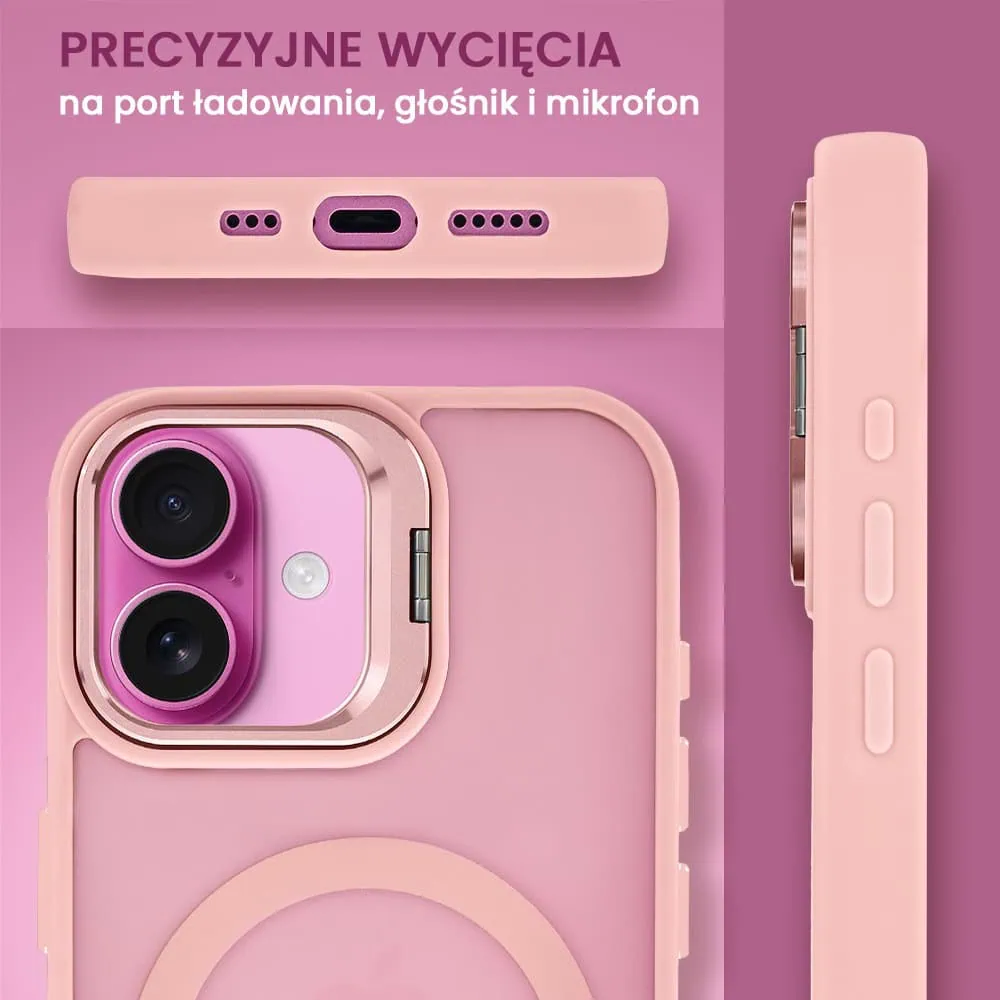 Etui do iPhone 16 Plus Arctic Stand, półprzeźroczyste, z osłoną aparatu i podstawką, różowe