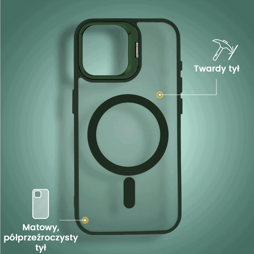 Etui do iPhone 16 Arctic Stand, półprzeźroczyste, z osłoną aparatu i podstawką, zielone