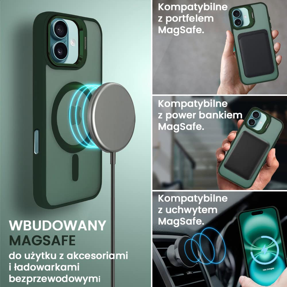 Etui do iPhone 16 Arctic Stand, półprzeźroczyste, z osłoną aparatu i podstawką, zielone