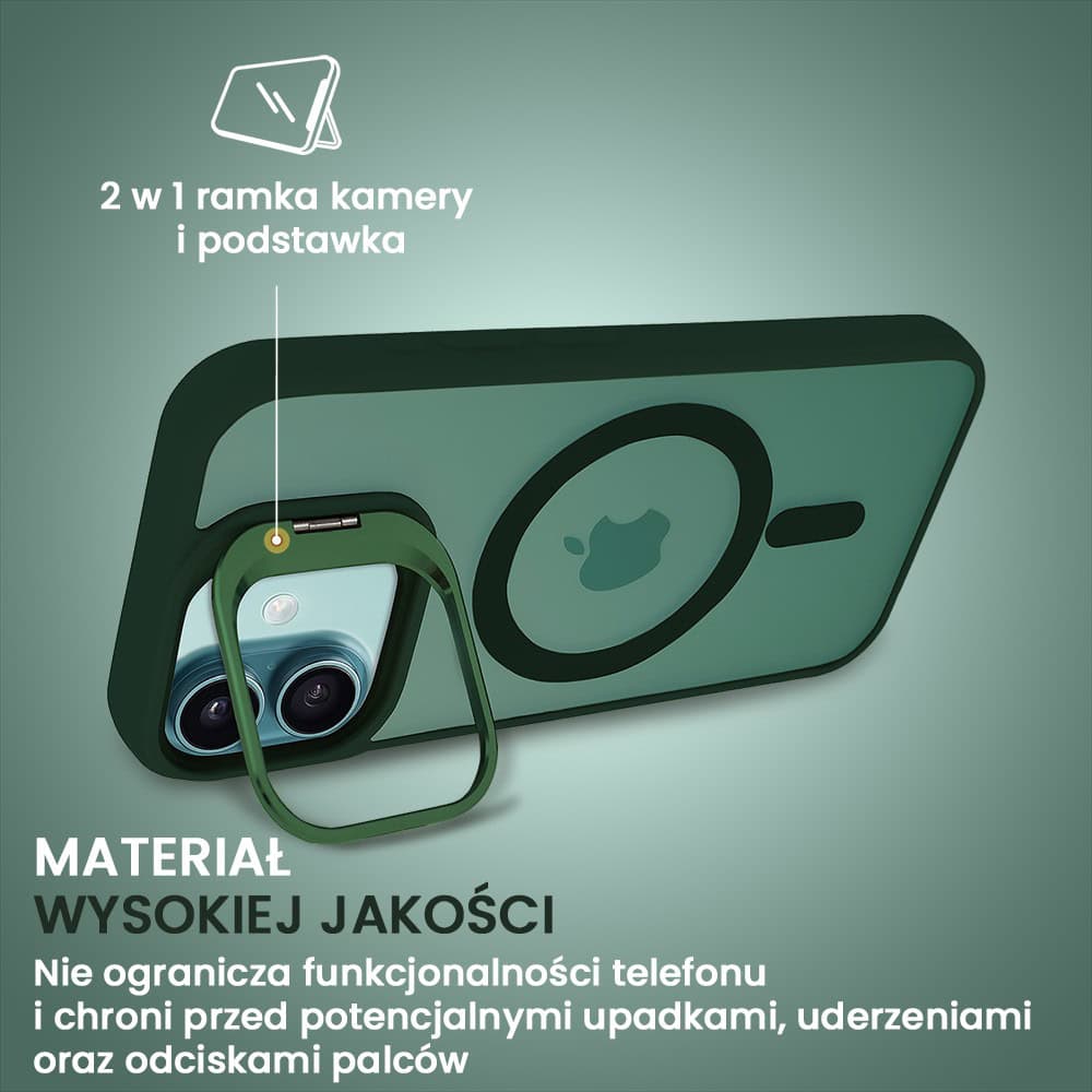 Etui do iPhone 16 Arctic Stand, półprzeźroczyste, z osłoną aparatu i podstawką, zielone