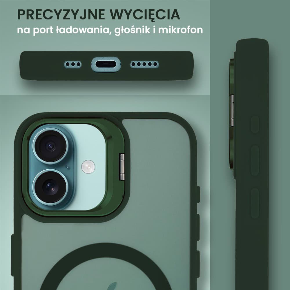 Etui do iPhone 16 Arctic Stand, półprzeźroczyste, z osłoną aparatu i podstawką, zielone