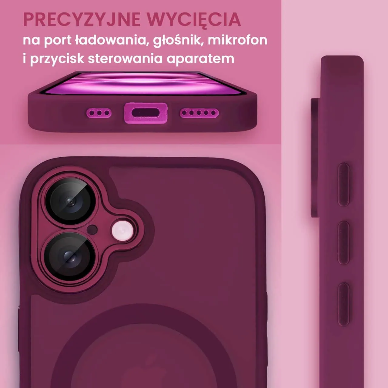 Etui do iPhone 16 Color Flush z Magsafe, z osłoną aparatu, wiśniowe (OUTLET)