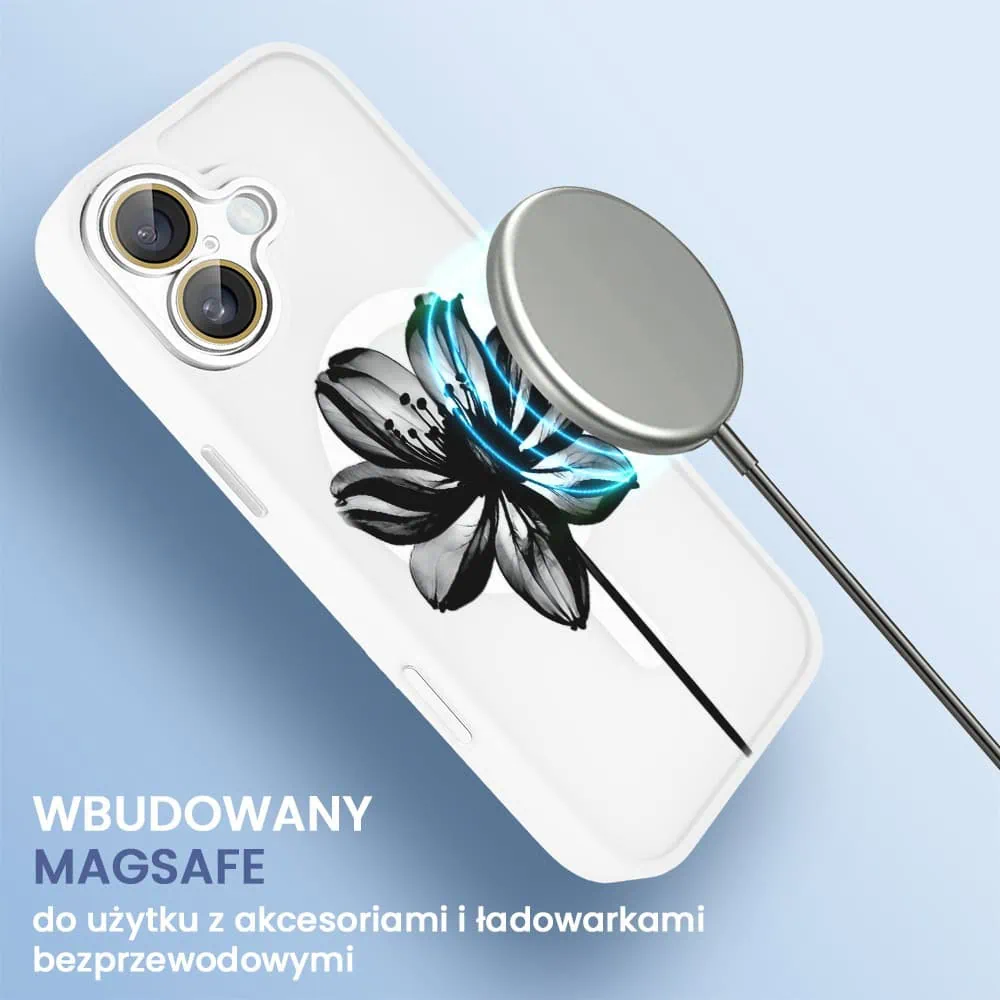 Etui do iPhone 16 Plus Color Flush z Magsafe, z osłoną aparatu, z nadrukiem czarny kwiat, białe