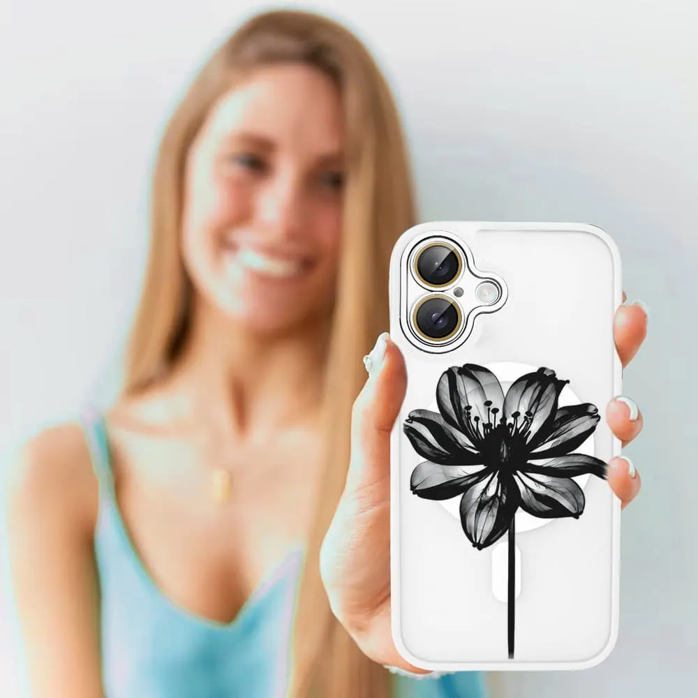 Etui do iPhone 16 Plus Color Flush z Magsafe, z osłoną aparatu, z nadrukiem czarny kwiat, białe