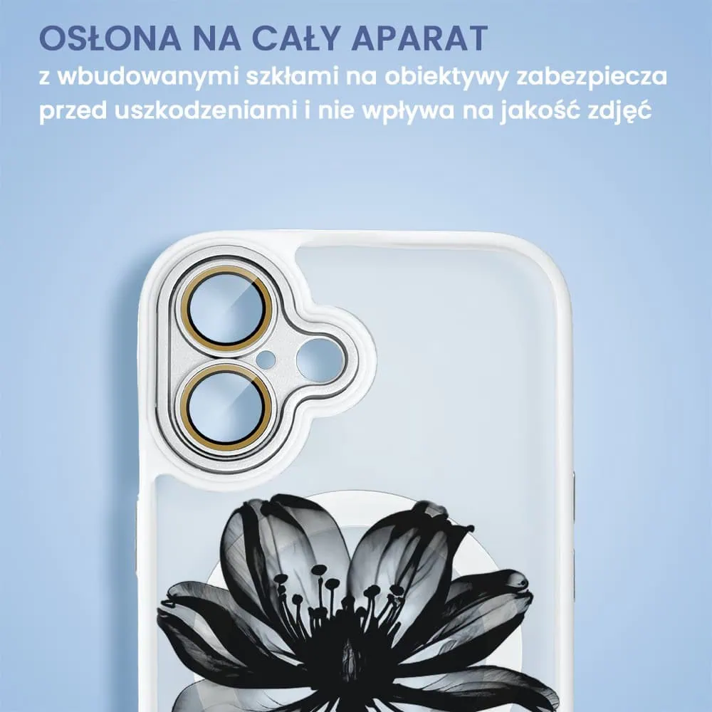 Etui do iPhone 16 Plus Color Flush z Magsafe, z osłoną aparatu, z nadrukiem czarny kwiat, białe