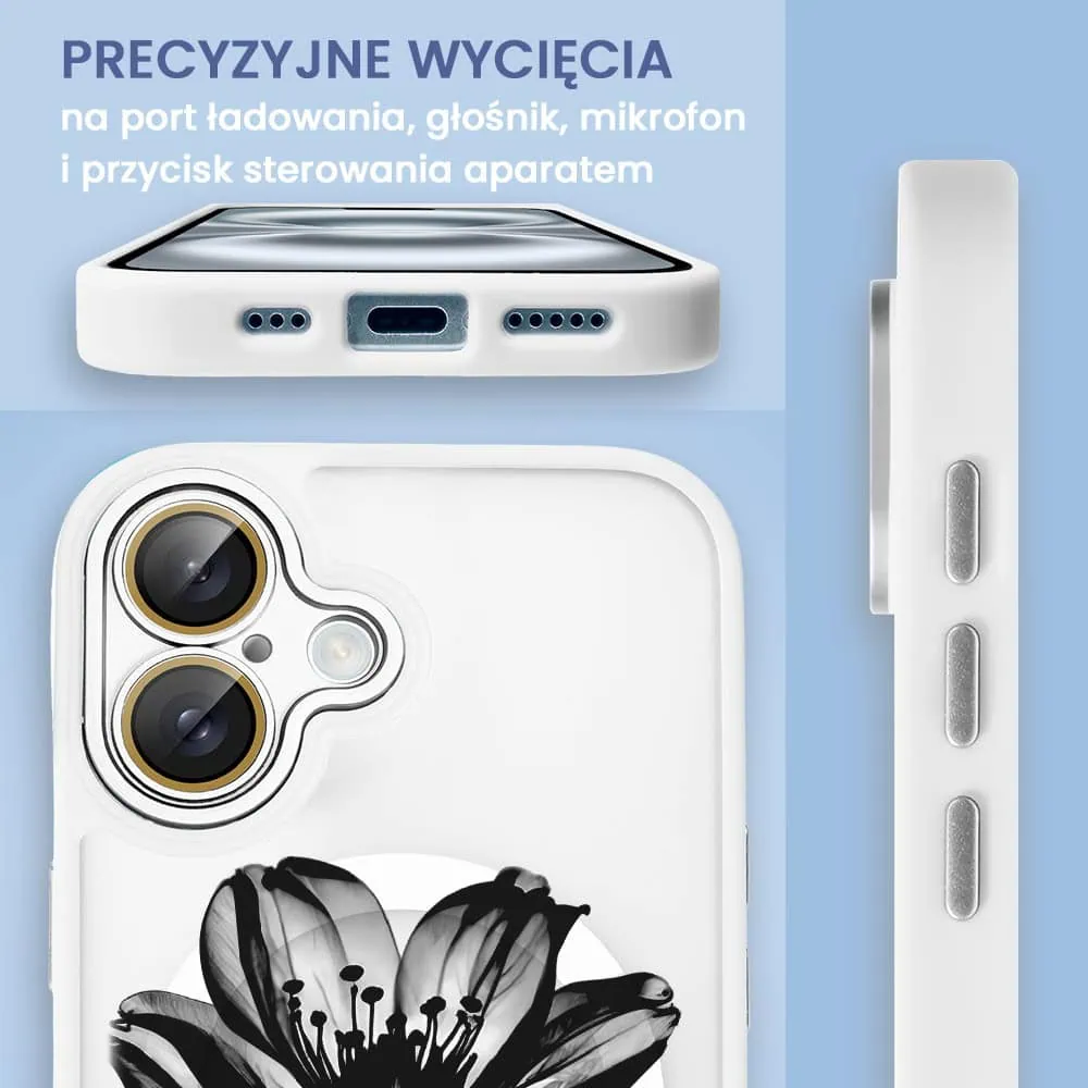 Etui do iPhone 16 Plus Color Flush z Magsafe, z osłoną aparatu, z nadrukiem czarny kwiat, białe