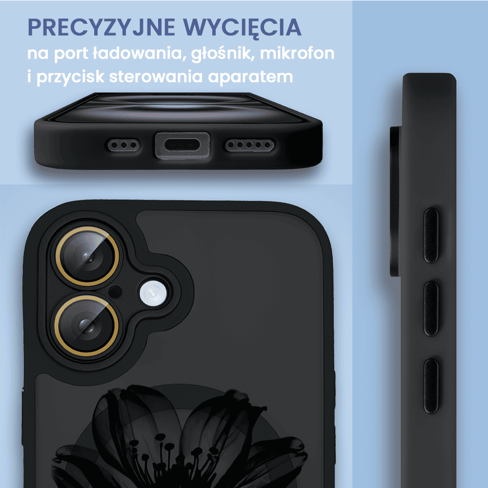Etui do iPhone 16 Color Flush z Magsafe, z osłoną aparatu, z nadrukiem czarny kwiat, czarne