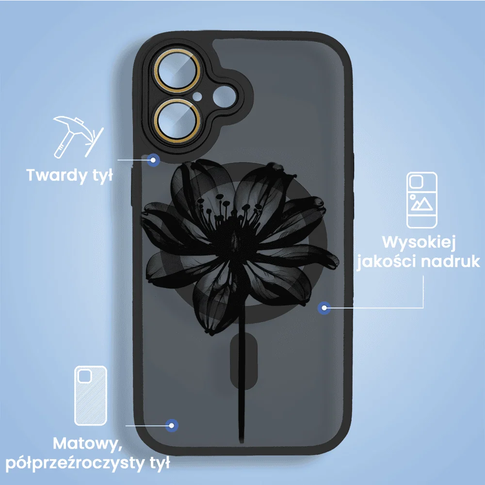 Etui do iPhone 16 Color Flush z Magsafe, z osłoną aparatu, z nadrukiem czarny kwiat, czarne