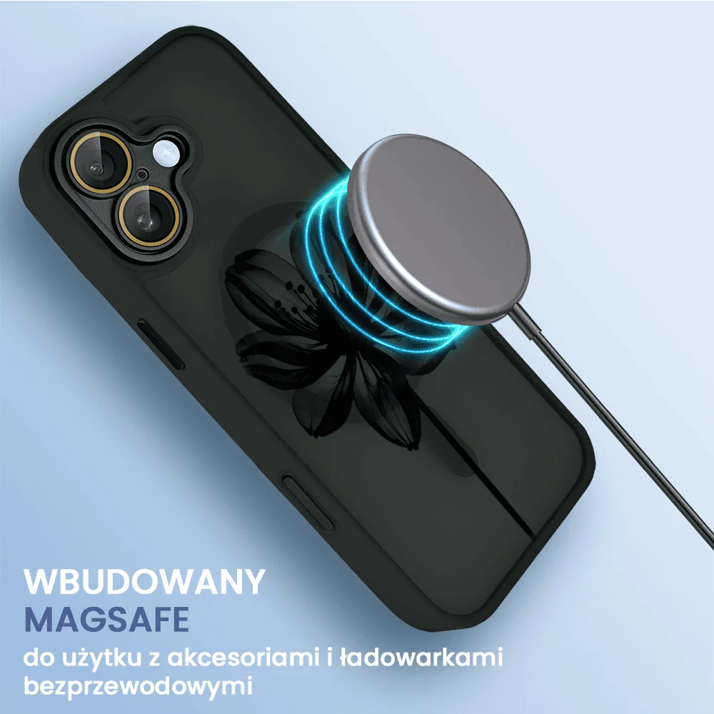 Etui do iPhone 16 Color Flush z Magsafe, z osłoną aparatu, z nadrukiem czarny kwiat, czarne