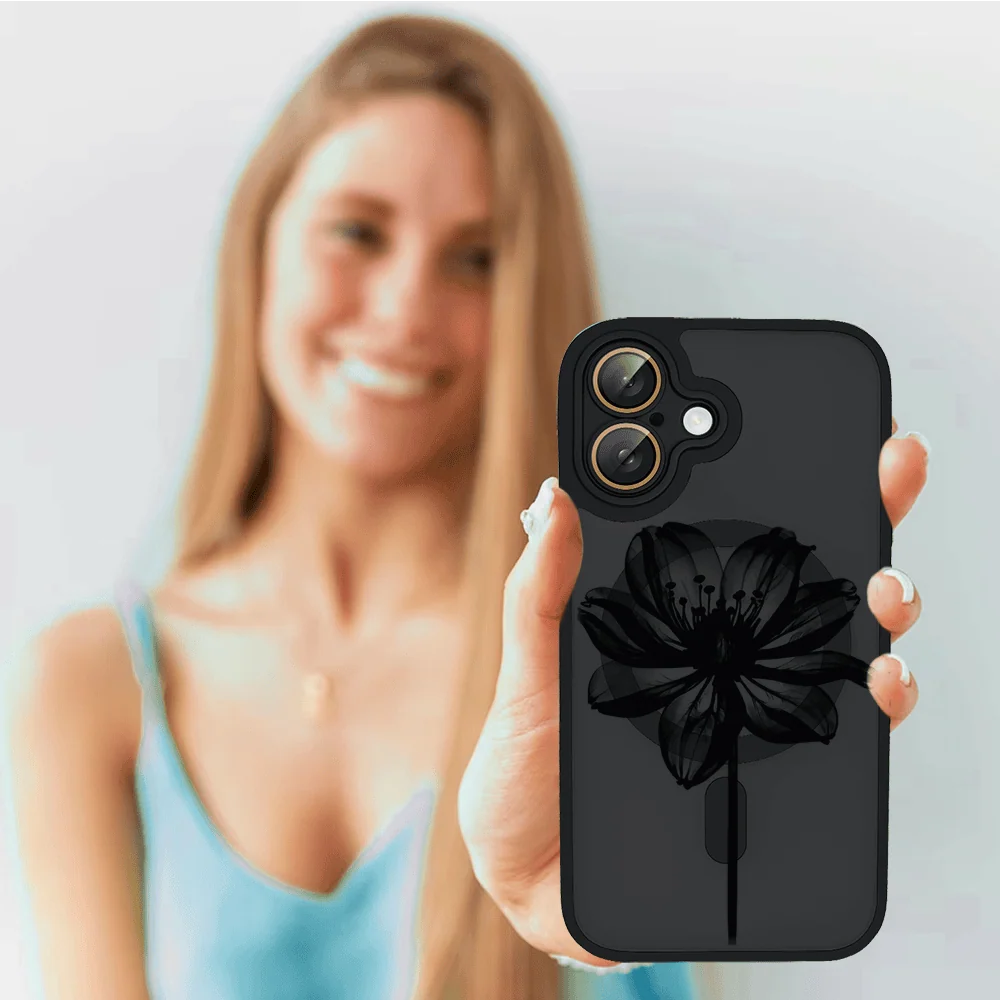 Etui do iPhone 16 Color Flush z Magsafe, z osłoną aparatu, z nadrukiem czarny kwiat, czarne