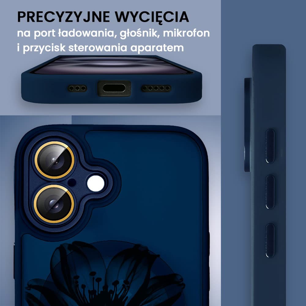 Etui do iPhone 16 Color Flush z Magsafe, z osłoną aparatu, z nadrukiem czarny kwiat, granatowe