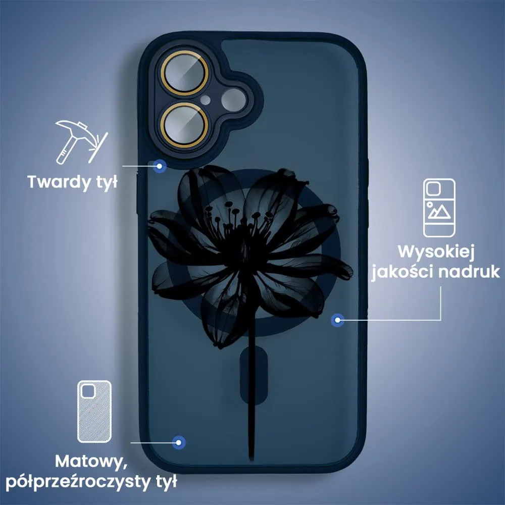 Etui do iPhone 16 Color Flush z Magsafe, z osłoną aparatu, z nadrukiem czarny kwiat, granatowe