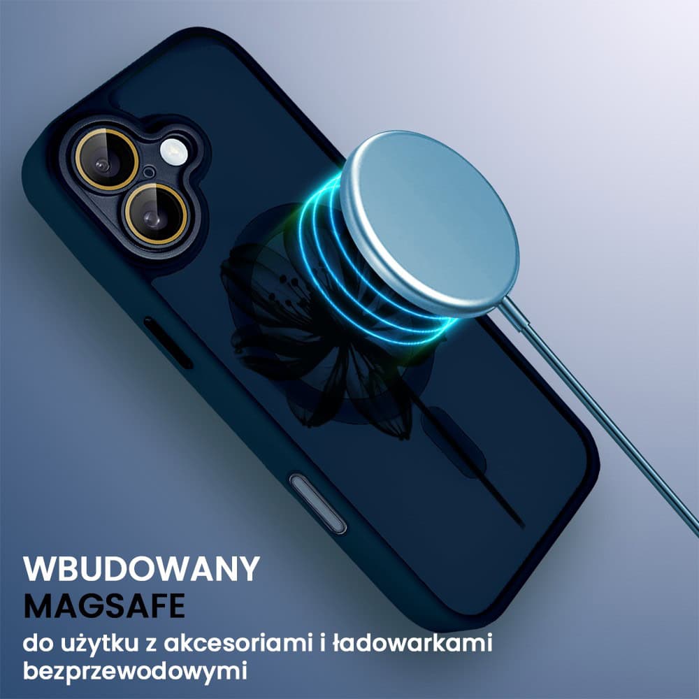 Etui do iPhone 16 Color Flush z Magsafe, z osłoną aparatu, z nadrukiem czarny kwiat, granatowe