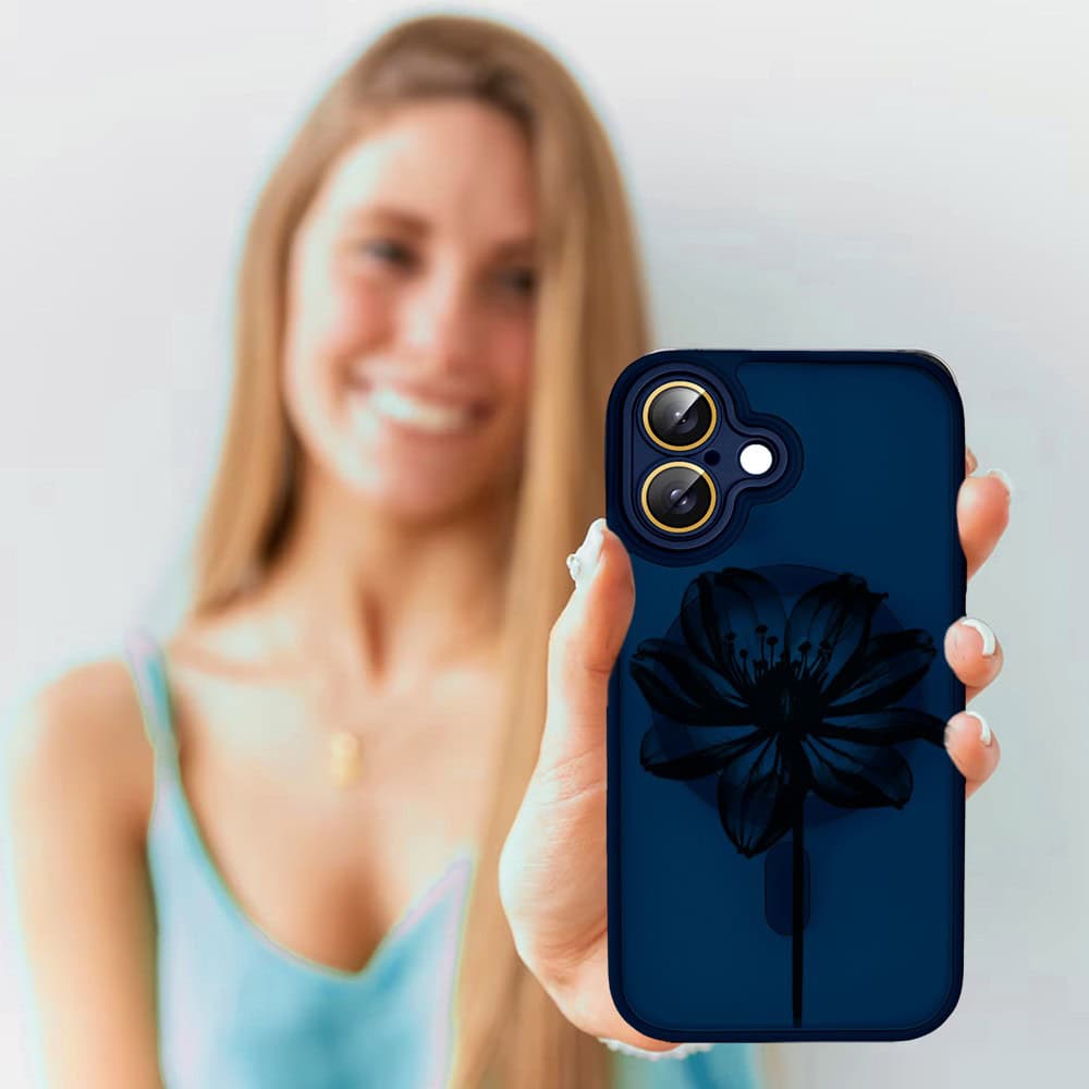 Etui do iPhone 16 Color Flush z Magsafe, z osłoną aparatu, z nadrukiem czarny kwiat, granatowe