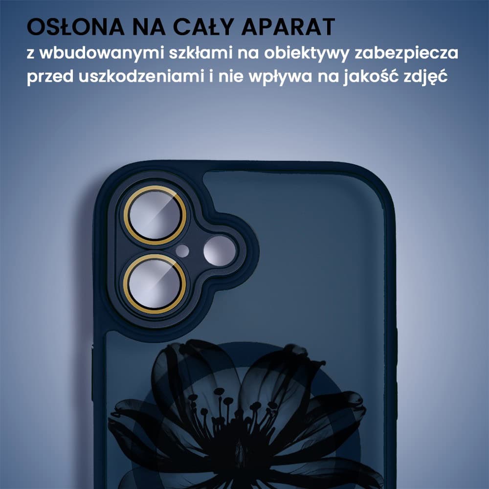 Etui do iPhone 16 Color Flush z Magsafe, z osłoną aparatu, z nadrukiem czarny kwiat, granatowe