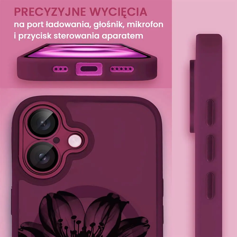 Etui do iPhone 16 Plus Color Flush z Magsafe, z osłoną aparatu, z nadrukiem czarny kwiat, wiśniowe
