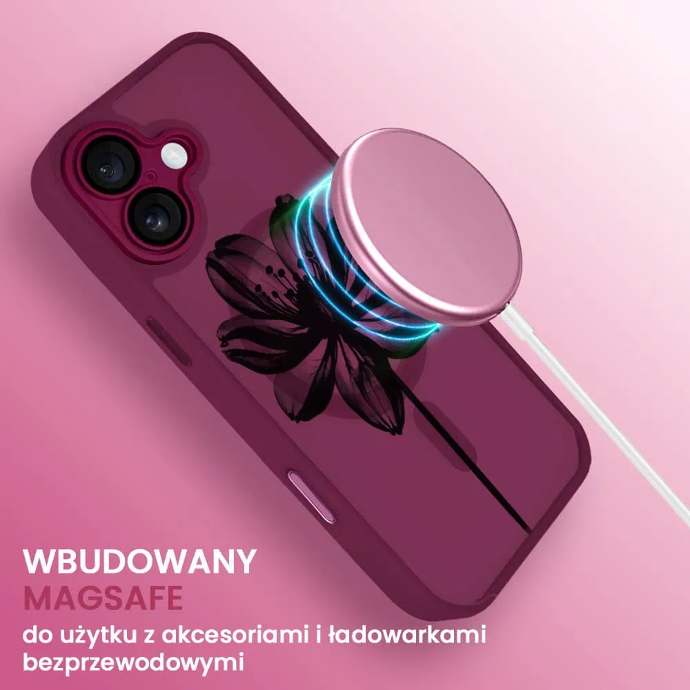 Etui do iPhone 16 Plus Color Flush z Magsafe, z osłoną aparatu, z nadrukiem czarny kwiat, wiśniowe