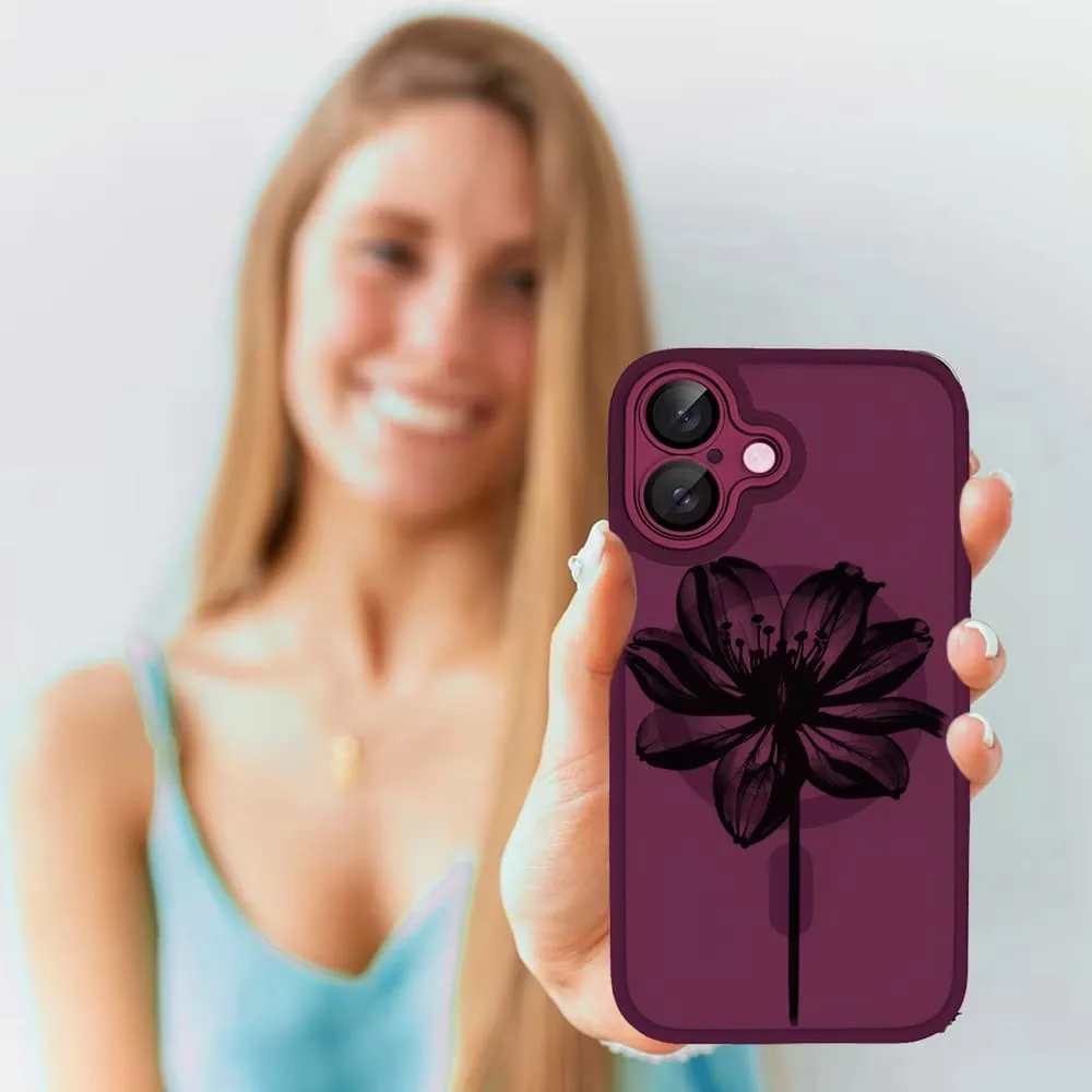 Etui do iPhone 16 Plus Color Flush z Magsafe, z osłoną aparatu, z nadrukiem czarny kwiat, wiśniowe