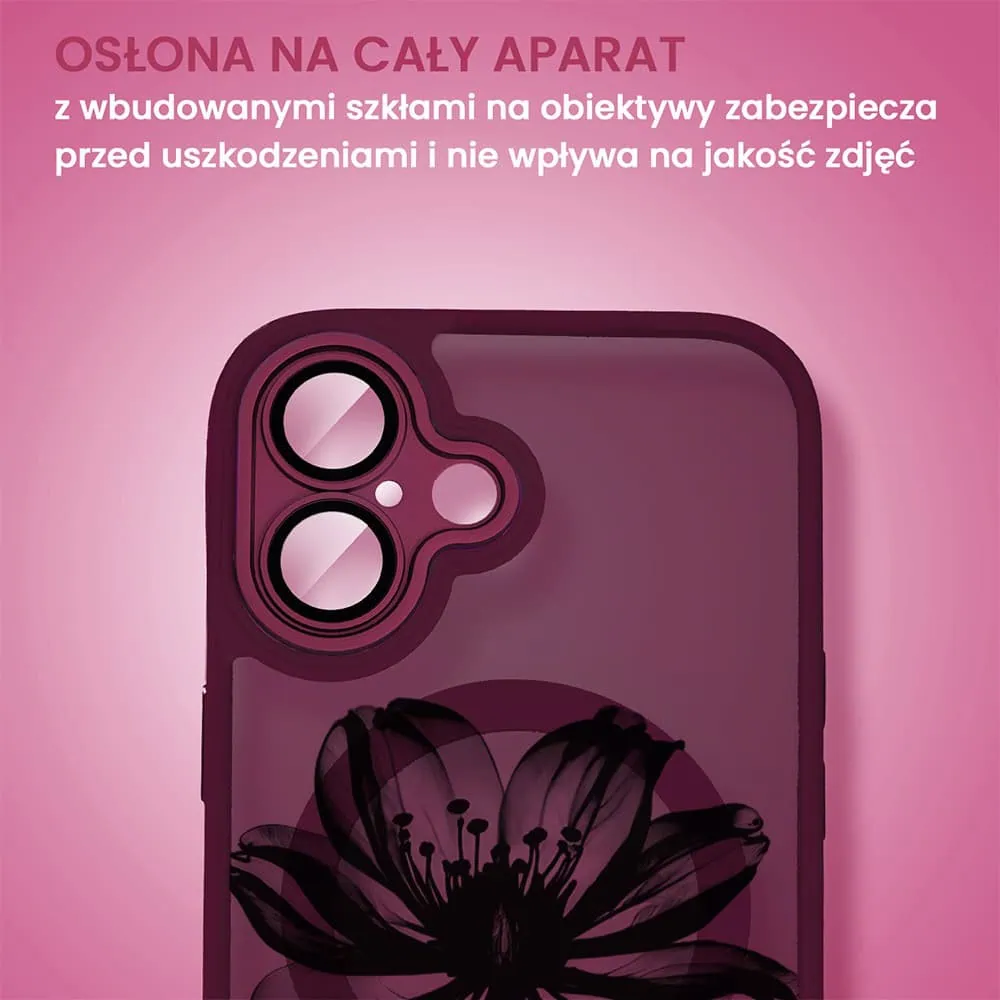 Etui do iPhone 16 Plus Color Flush z Magsafe, z osłoną aparatu, z nadrukiem czarny kwiat, wiśniowe