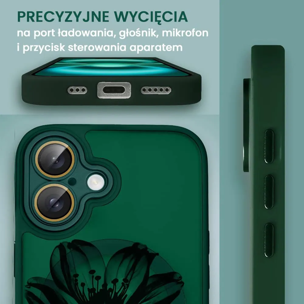 Etui do iPhone 16 Plus Color Flush z Magsafe, z osłoną aparatu, z nadrukiem czarny kwiat, zielone