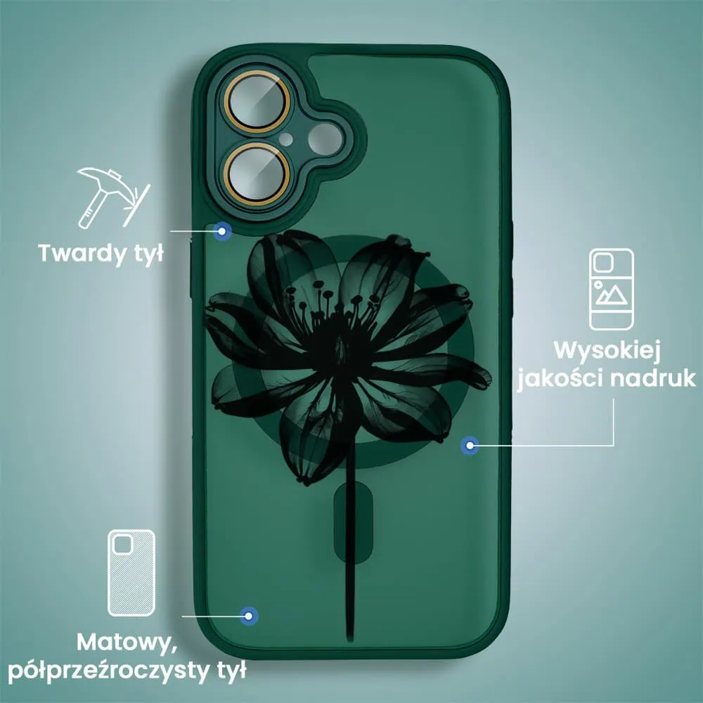 Etui do iPhone 16 Plus Color Flush z Magsafe, z osłoną aparatu, z nadrukiem czarny kwiat, zielone