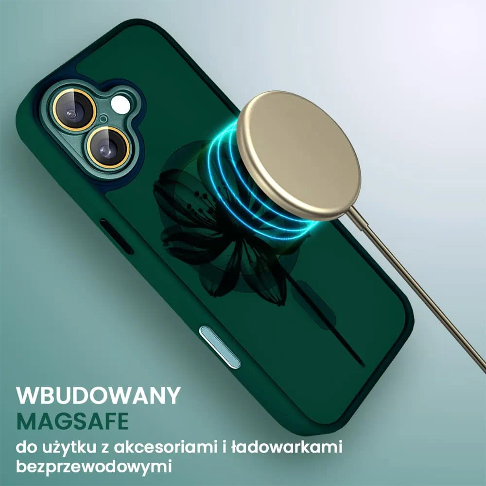 Etui do iPhone 16 Plus Color Flush z Magsafe, z osłoną aparatu, z nadrukiem czarny kwiat, zielone