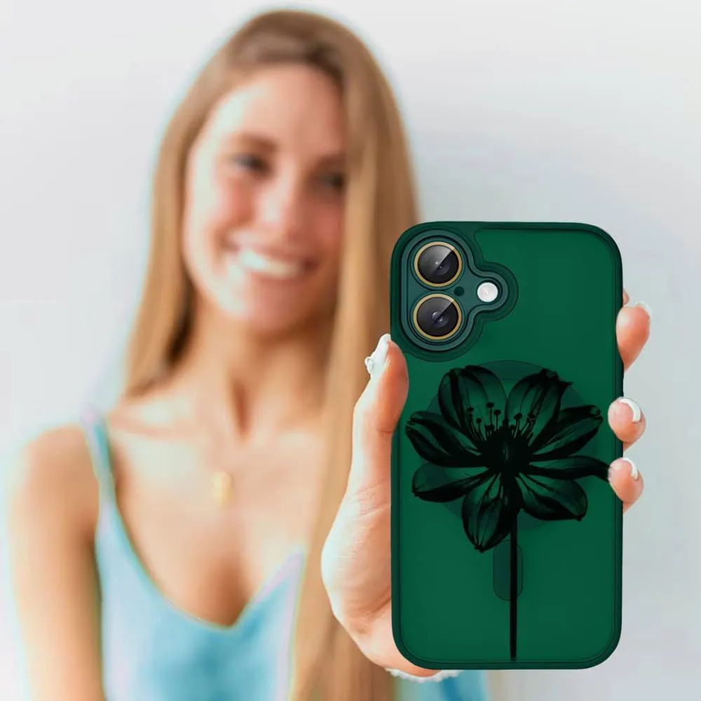 Etui do iPhone 16 Plus Color Flush z Magsafe, z osłoną aparatu, z nadrukiem czarny kwiat, zielone