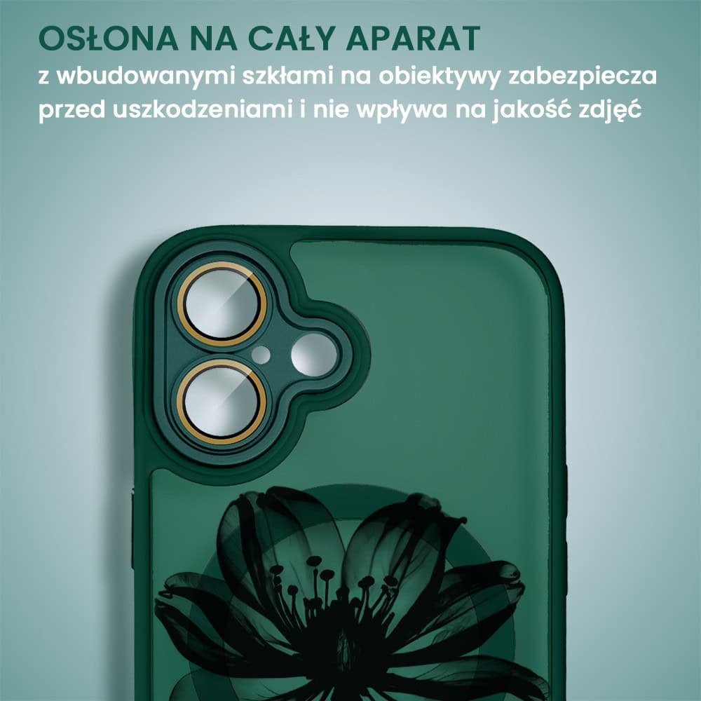 Etui do iPhone 16 Plus Color Flush z Magsafe, z osłoną aparatu, z nadrukiem czarny kwiat, zielone