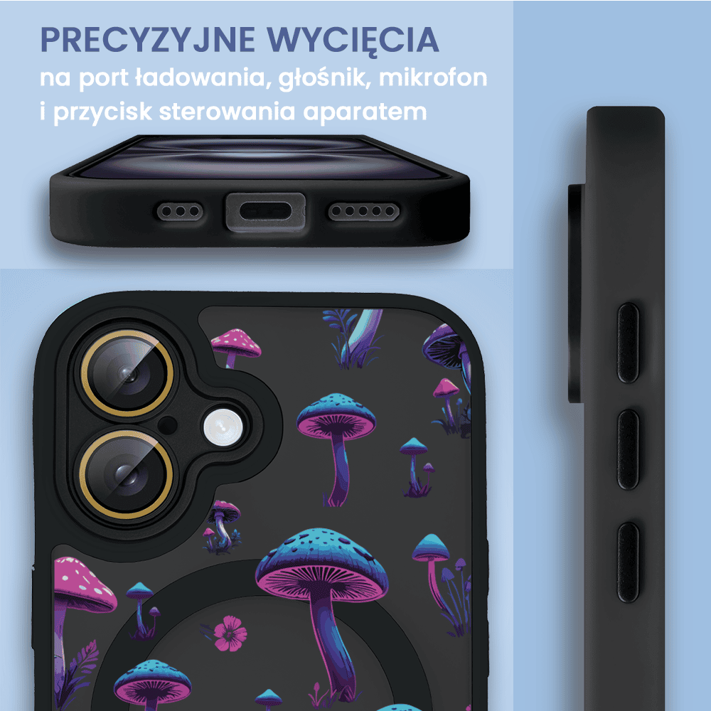 Etui do iPhone 16 Plus Color Flush z Magsafe, z osłoną aparatu, z nadrukiem magiczne grzybki, czarne