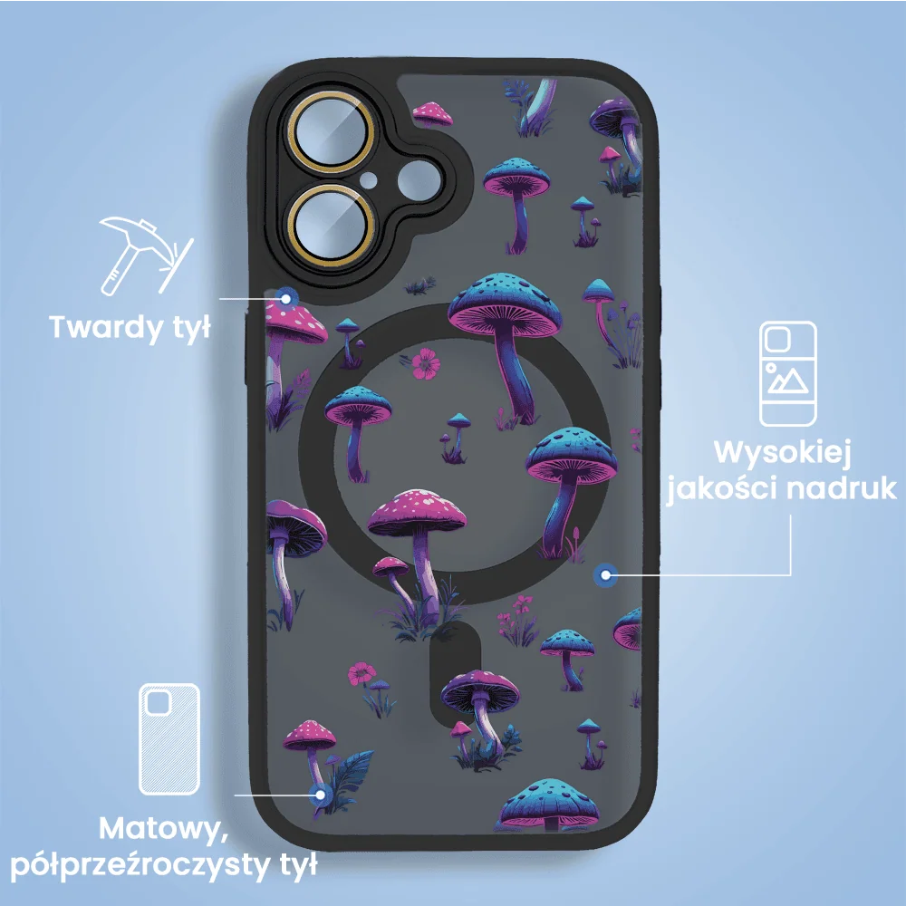 Etui do iPhone 16 Plus Color Flush z Magsafe, z osłoną aparatu, z nadrukiem magiczne grzybki, czarne