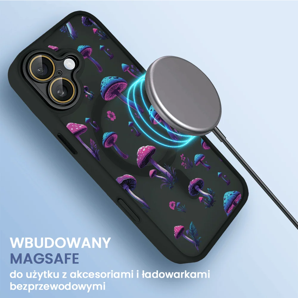 Etui do iPhone 16 Plus Color Flush z Magsafe, z osłoną aparatu, z nadrukiem magiczne grzybki, czarne
