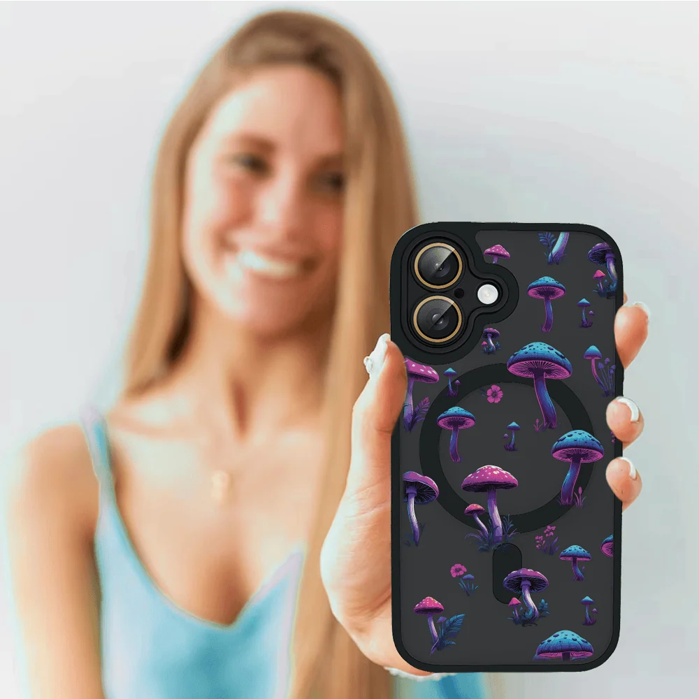 Etui do iPhone 16 Plus Color Flush z Magsafe, z osłoną aparatu, z nadrukiem magiczne grzybki, czarne