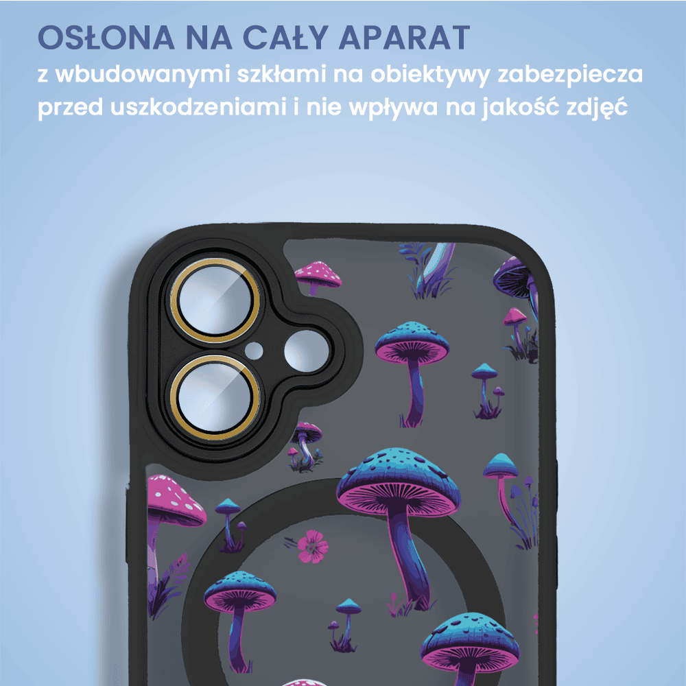 Etui do iPhone 16 Plus Color Flush z Magsafe, z osłoną aparatu, z nadrukiem magiczne grzybki, czarne