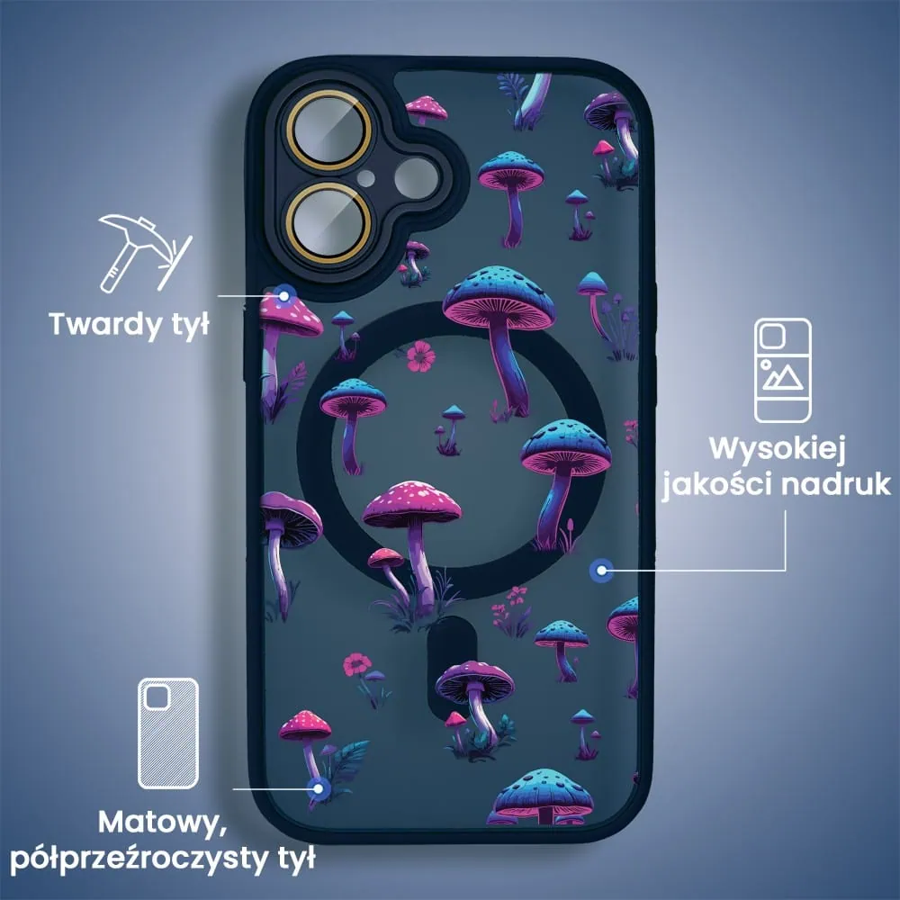 Etui do iPhone 16 Color Flush z Magsafe, z osłoną aparatu, z nadrukiem magiczne grzybki, granatowe