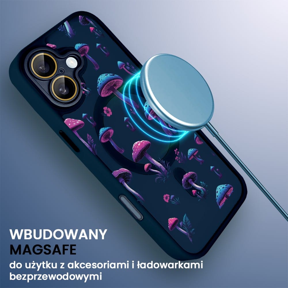 Etui do iPhone 16 Color Flush z Magsafe, z osłoną aparatu, z nadrukiem magiczne grzybki, granatowe