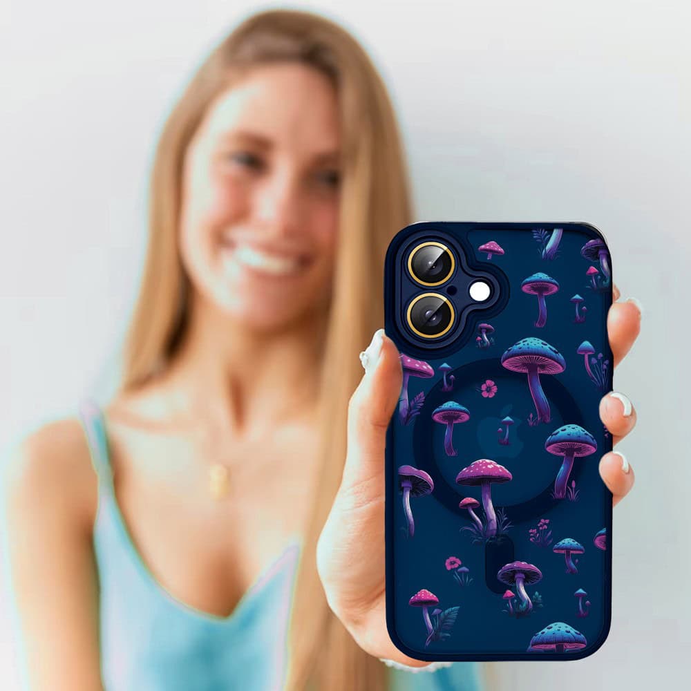 Etui do iPhone 16 Color Flush z Magsafe, z osłoną aparatu, z nadrukiem magiczne grzybki, granatowe
