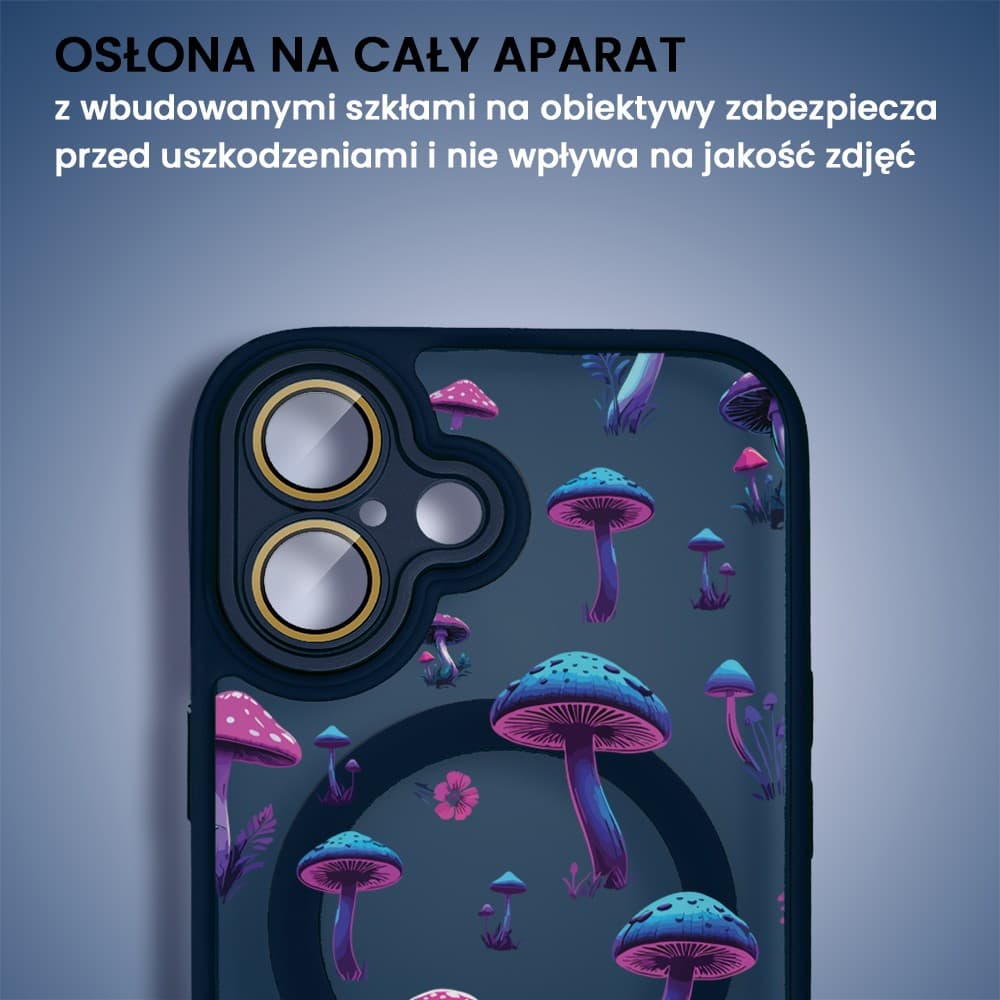 Etui do iPhone 16 Color Flush z Magsafe, z osłoną aparatu, z nadrukiem magiczne grzybki, granatowe