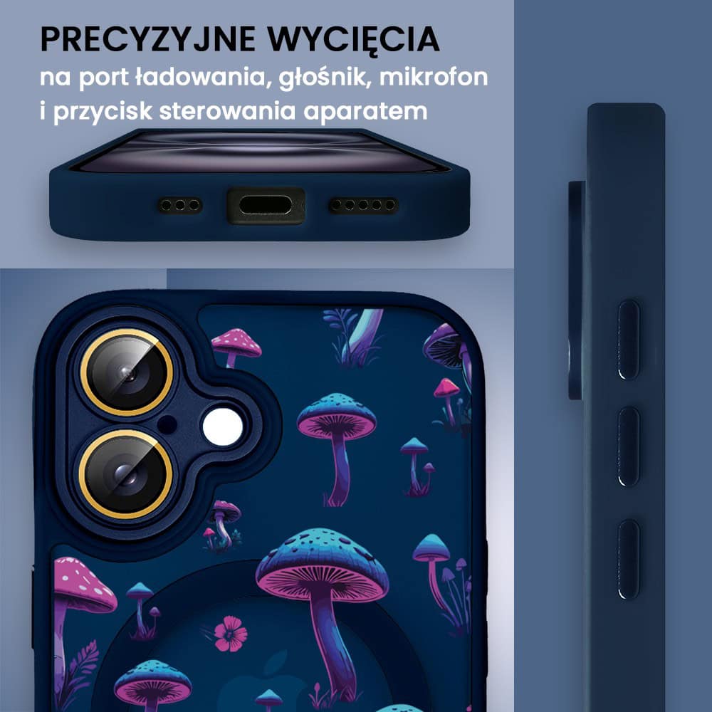 Etui do iPhone 16 Color Flush z Magsafe, z osłoną aparatu, z nadrukiem magiczne grzybki, granatowe