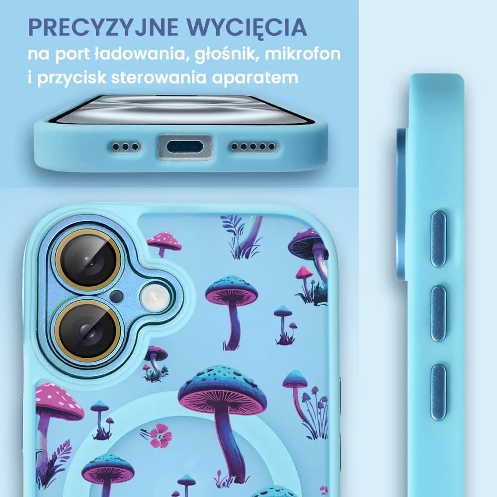 Etui do iPhone 16 Plus Color Flush z Magsafe, z osłoną aparatu, z nadrukiem magiczne grzybki, niebieskie