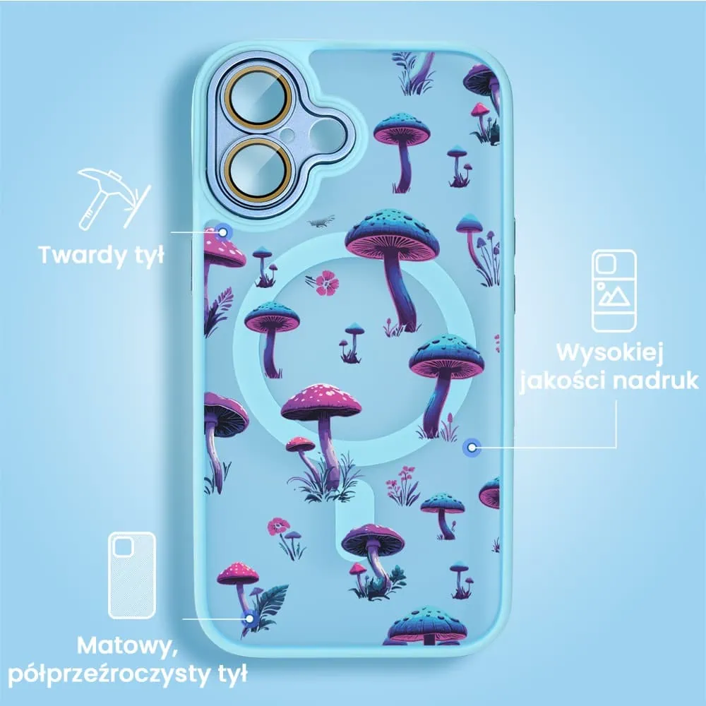 Etui do iPhone 16 Plus Color Flush z Magsafe, z osłoną aparatu, z nadrukiem magiczne grzybki, niebieskie