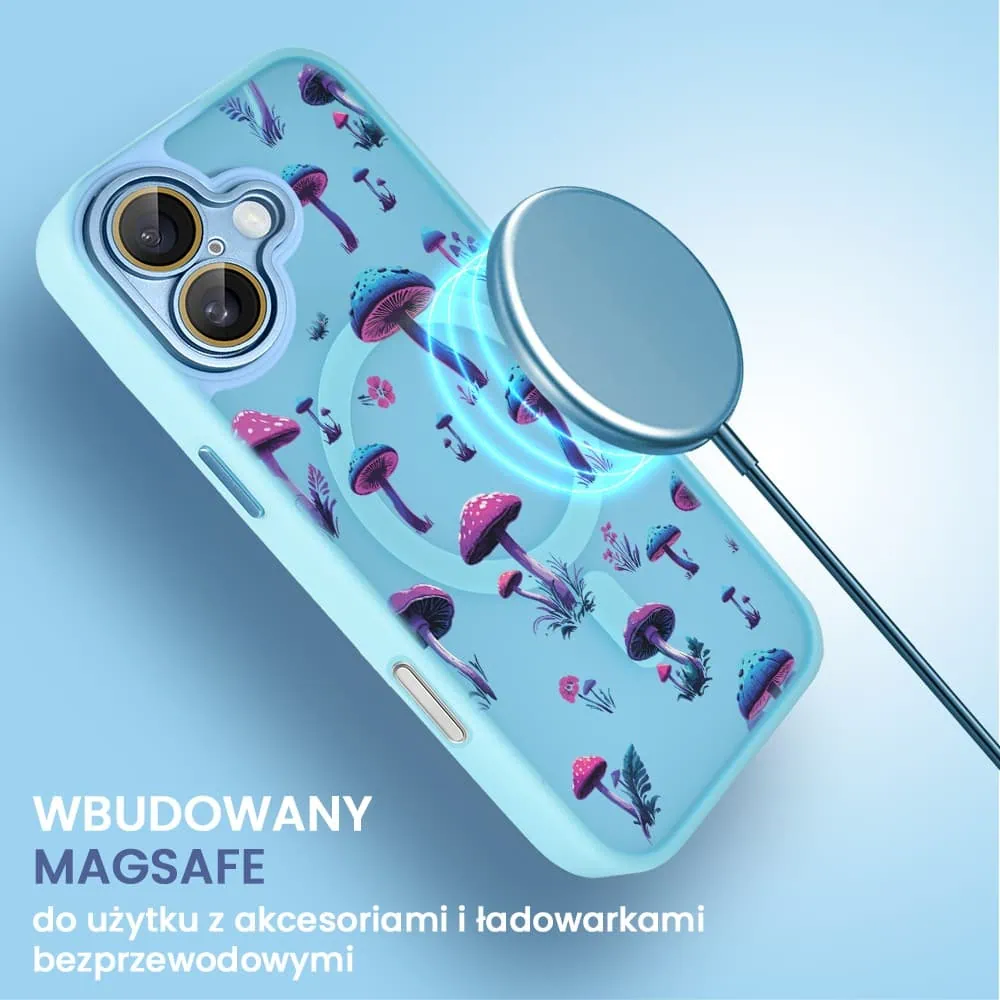 Etui do iPhone 16 Plus Color Flush z Magsafe, z osłoną aparatu, z nadrukiem magiczne grzybki, niebieskie