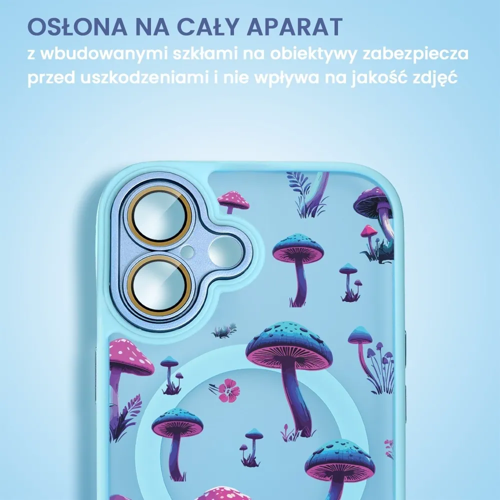 Etui do iPhone 16 Plus Color Flush z Magsafe, z osłoną aparatu, z nadrukiem magiczne grzybki, niebieskie