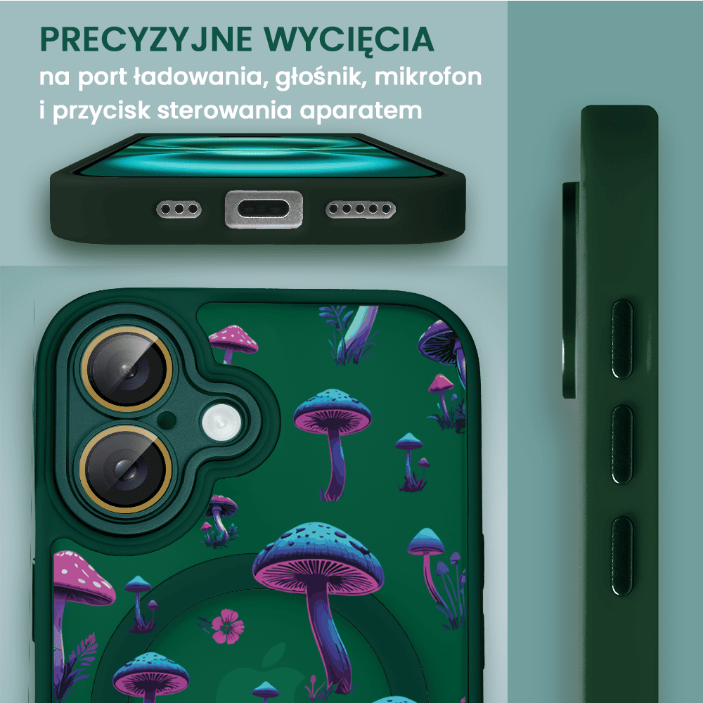 Etui do iPhone 16 Plus Color Flush z Magsafe, z osłoną aparatu, z nadrukiem magiczne grzybki, zielone